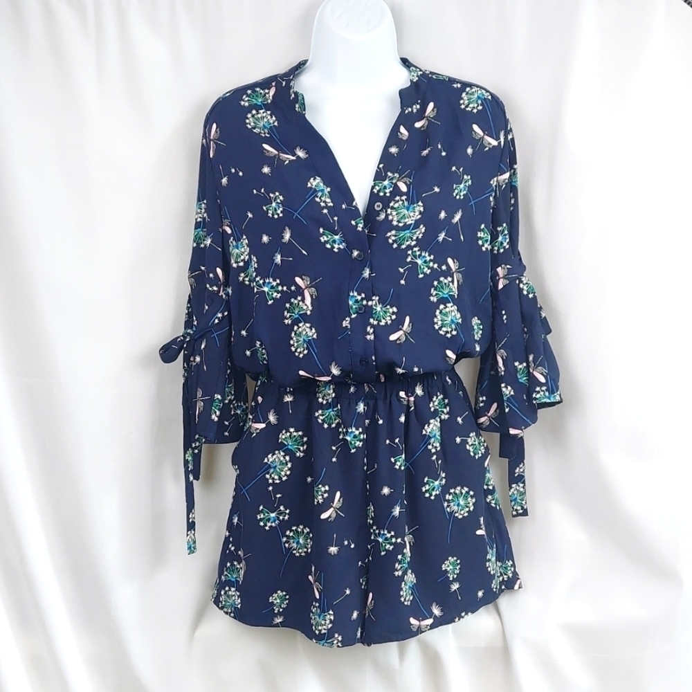 Collective Concepts 3/4-Sleeve Romper with pockets - blue floral - size XS